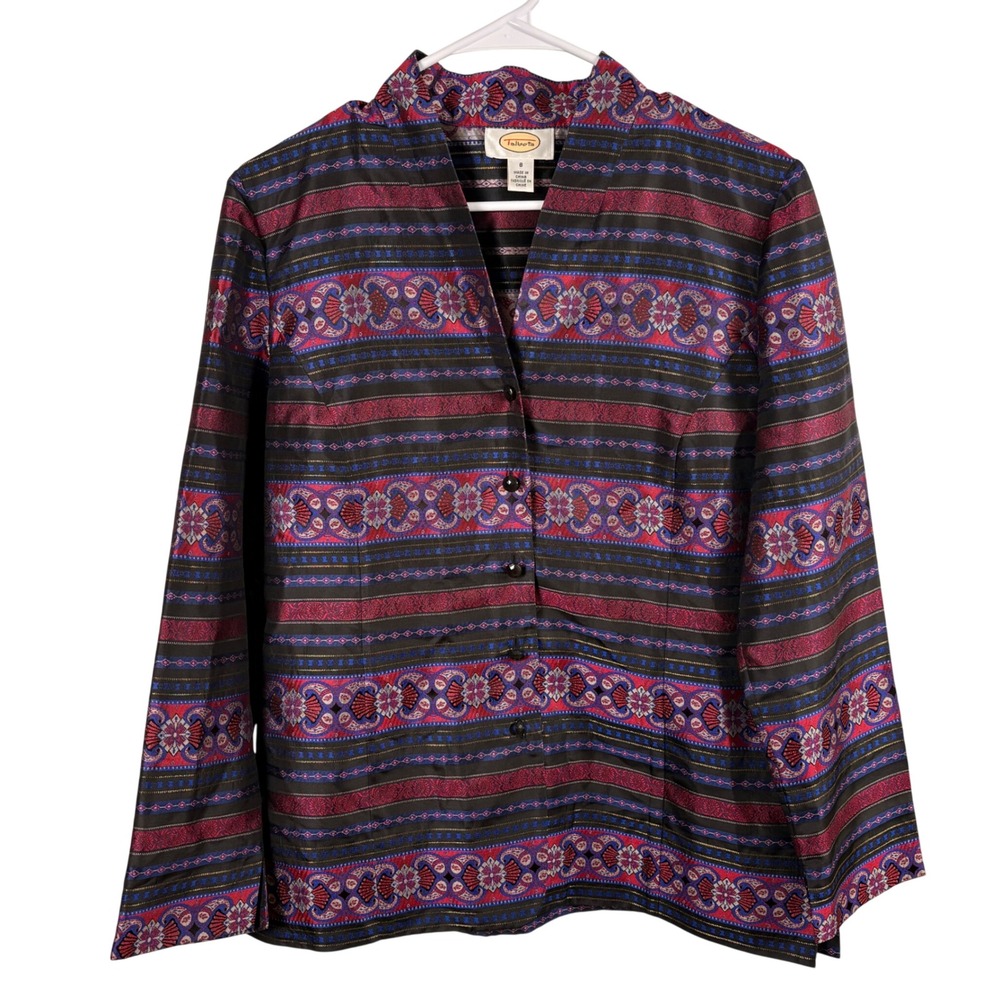 Vtg Talbots Silk Blend Jacket 8 Black Pink Brocade Blazer Festive Boho Artsy